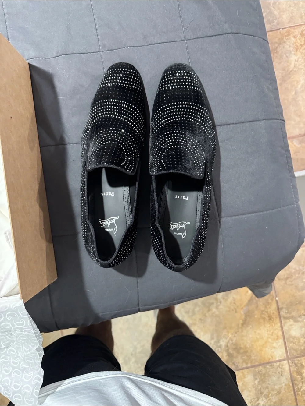 Christian Louboutin Black Suede Crystal-Stud Slip-On Loafers with Red Sole